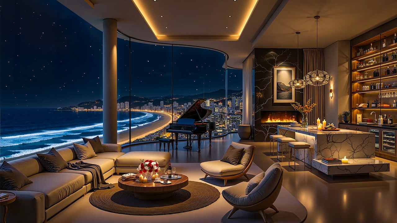 Ocean View Apartment with Soft Piano Jazz 🌊 🌃 Jazz Relaxing Music & Soothing Waves for Sleep