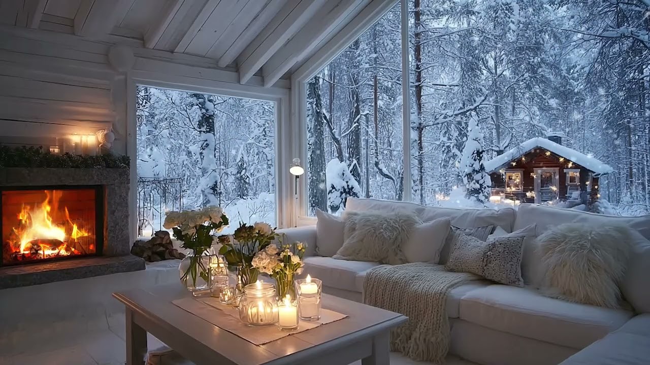 3 Hours Cozy Winter Piano | Warm Fireplace & Falling Snow for Deep Sleep