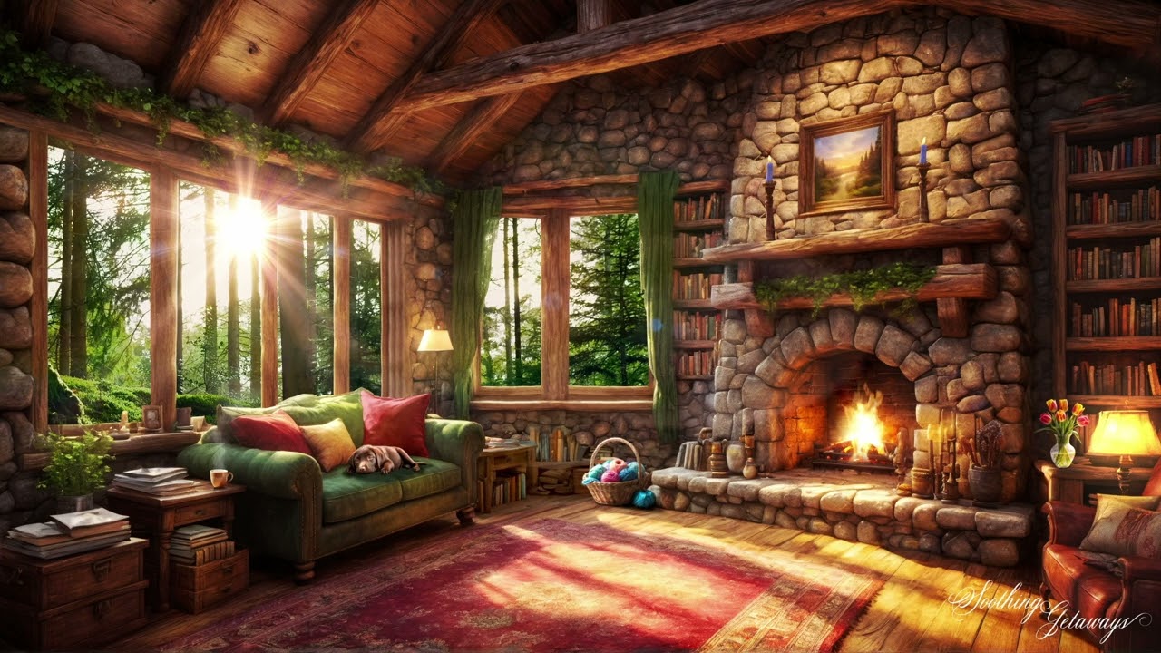 Sunrise Cottage: A Spring Forest Ambience with Crackling Fire, Sleeping Puppy, Birdsong & Windchimes