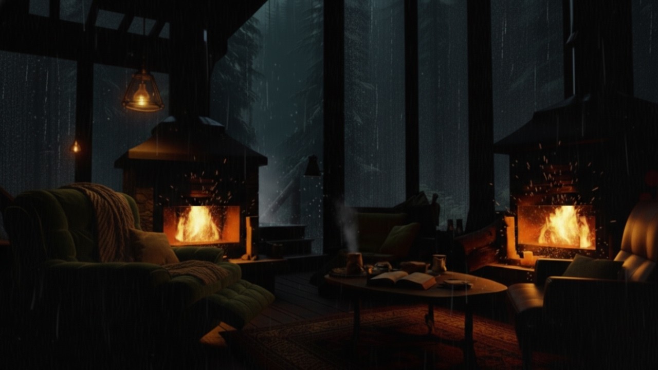 Cozy Rain Ambience in a Warm Wooden House in the Forest with Window Rain and Crackling Fire