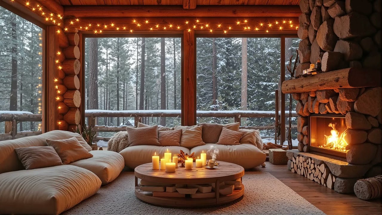 Snowfall Jazz Cabin Retreat ❄️ Cozy Winter Fireplace Ambience & Soft Smooth Jazz Music