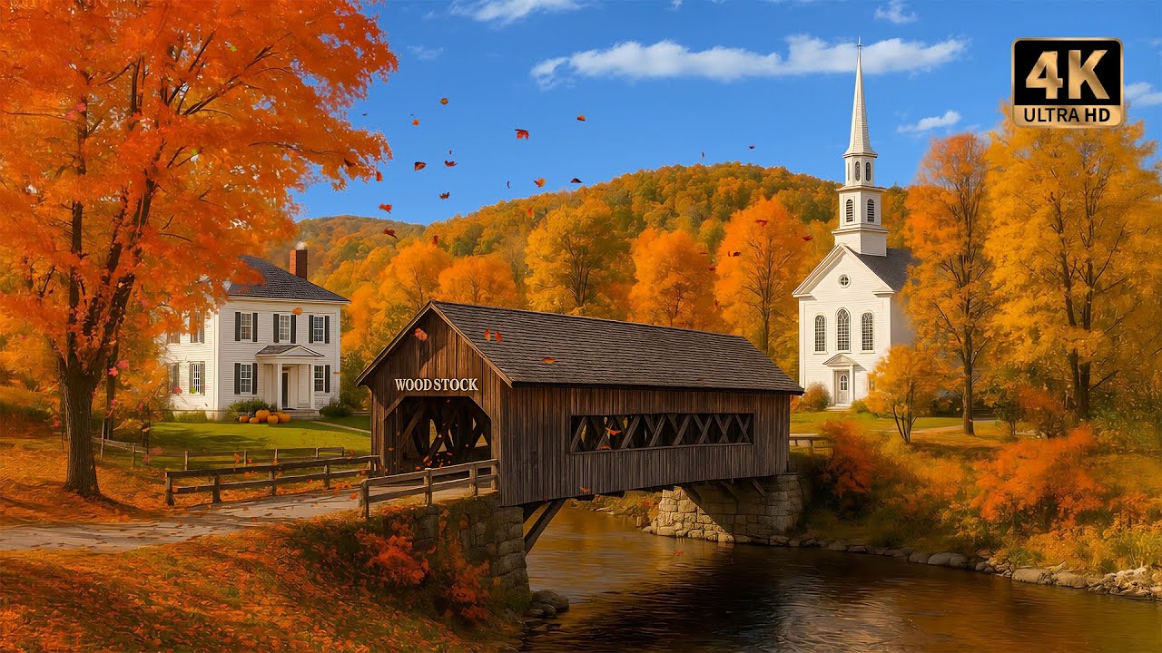 New England Fall Ambience 🍂 Cozy Small Town with Wooden Bridge, Church & Autumn Leaves | 4K 🍁