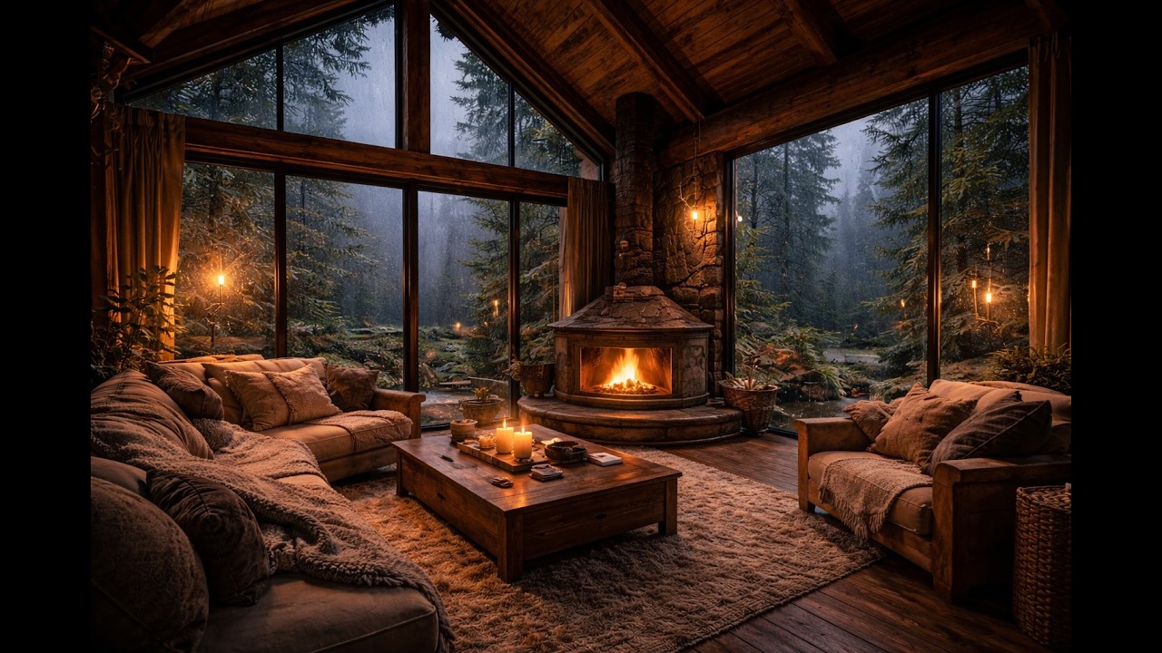 Cozy Cabin Ambience 🌧️ Heavy Rain & Crackling Fireplace Sounds for Sleep & Study