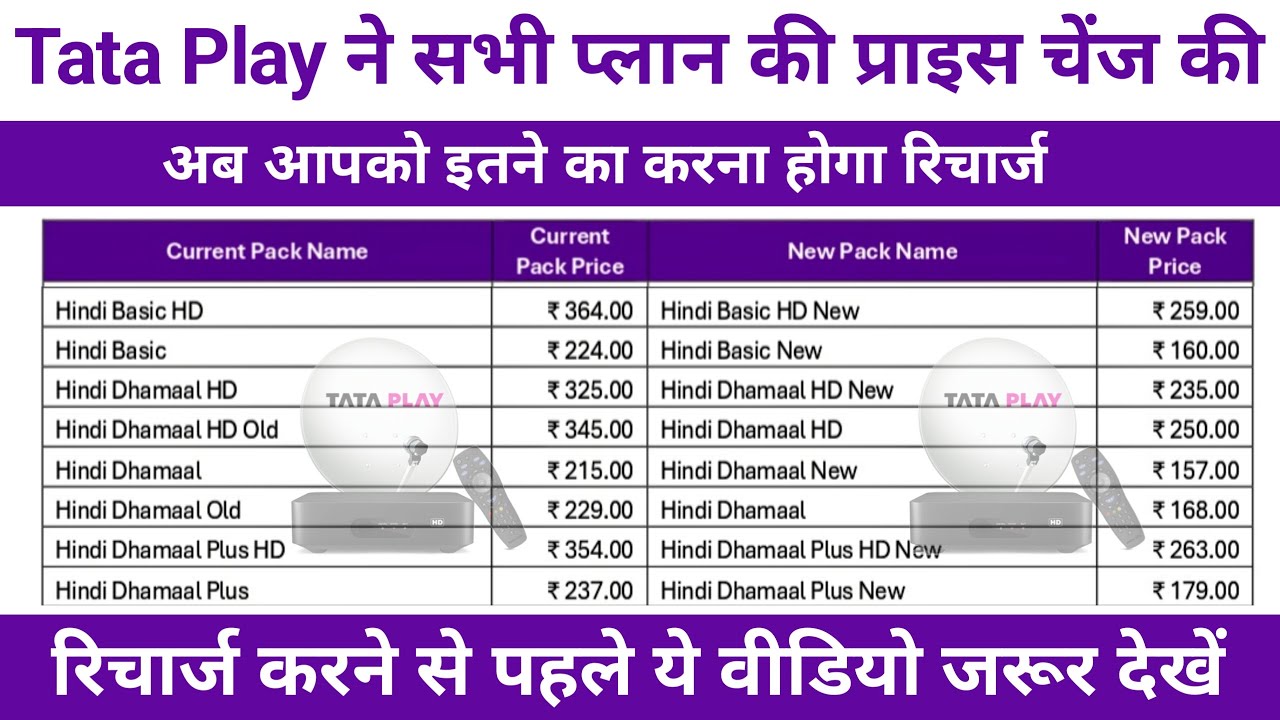 Tata Play Recharge Plans Price Change | New Tata Play HD Set Top Box Recharge Plans List