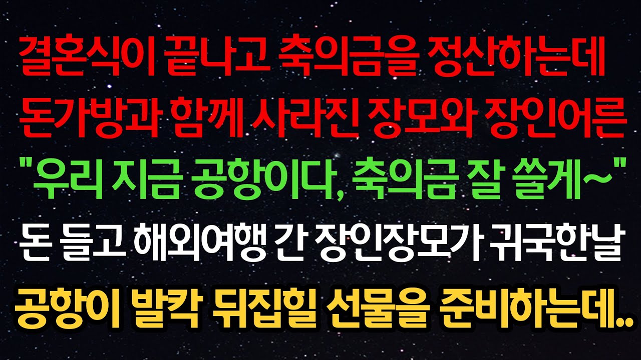 실화사연- 결혼식 끝나고 축의금을 정산하는데 돈가방과 함께 사라진 장모 “우리 공항이다 축의금 잘 쓸게” 돈 들고 해외여행 간 장모가 귀국한날 공항이 발칵 뒤집힐 선물을 준비하는데