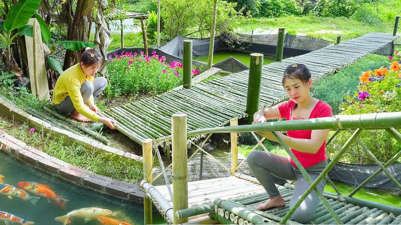 Timelapse - Day 20,  Off Grid Farm Build – Rebuilding Bamboo Bridge to Fish Pond Cabin