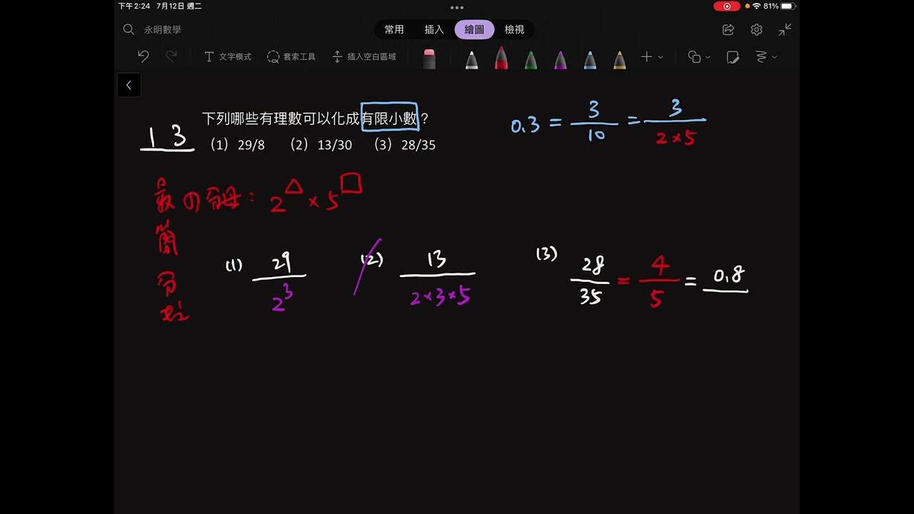 下列哪些有理數可以化成有限小數？（1）29/8     （2）13/30    （3）28/35