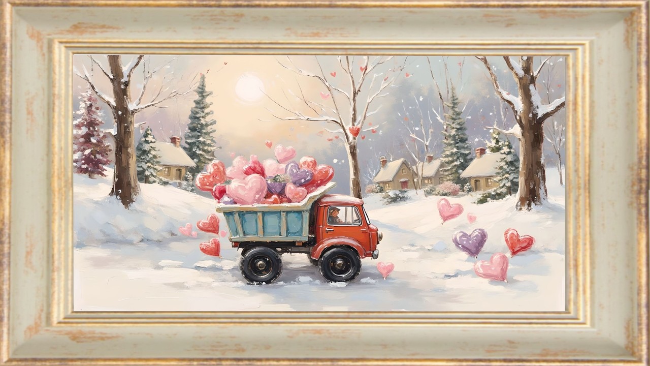 Valentine Truckload of Love | Gold Frame TV Art | Screen Saver | Hearts, Snow | Free Background | 4K
