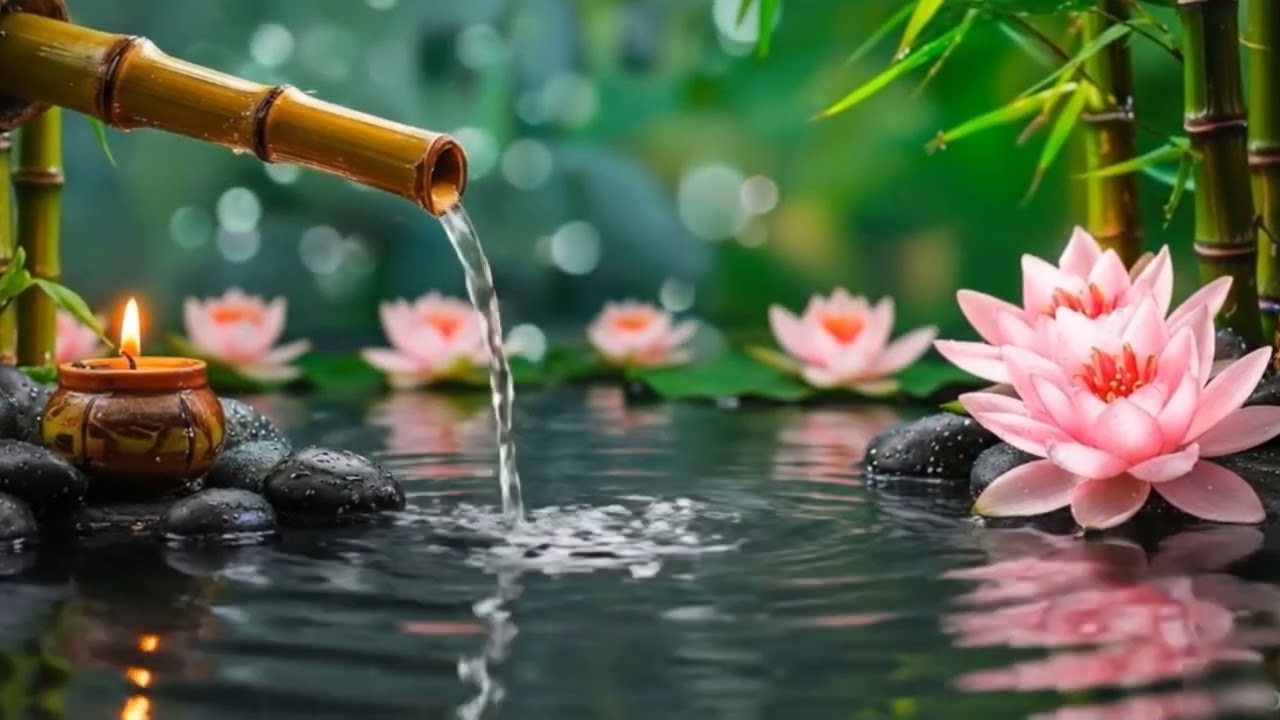 Healing Piano Music + Bamboo Water Fountain • Sleep Music, Water Sounds, Meditation, Spa and Yoga