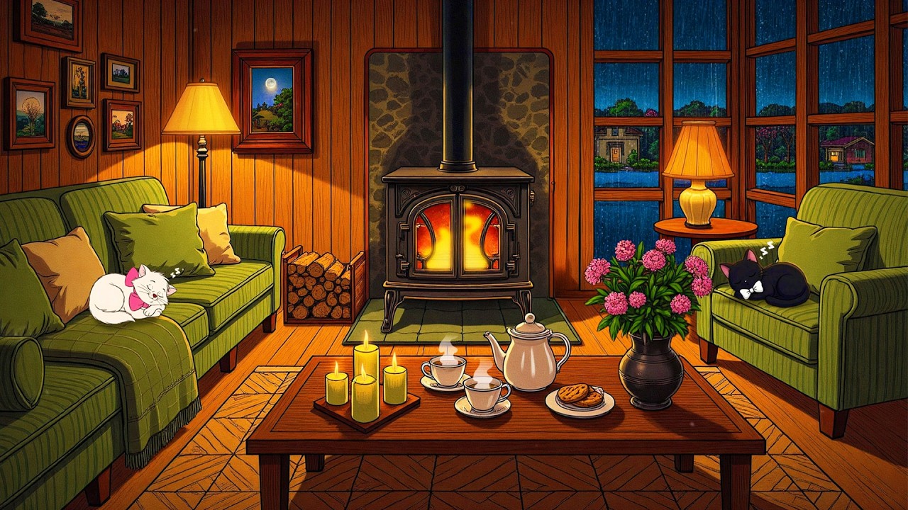 stay relaxing with 1950s oldies playing in another room on a rainy night (fireplace & rain sounds)