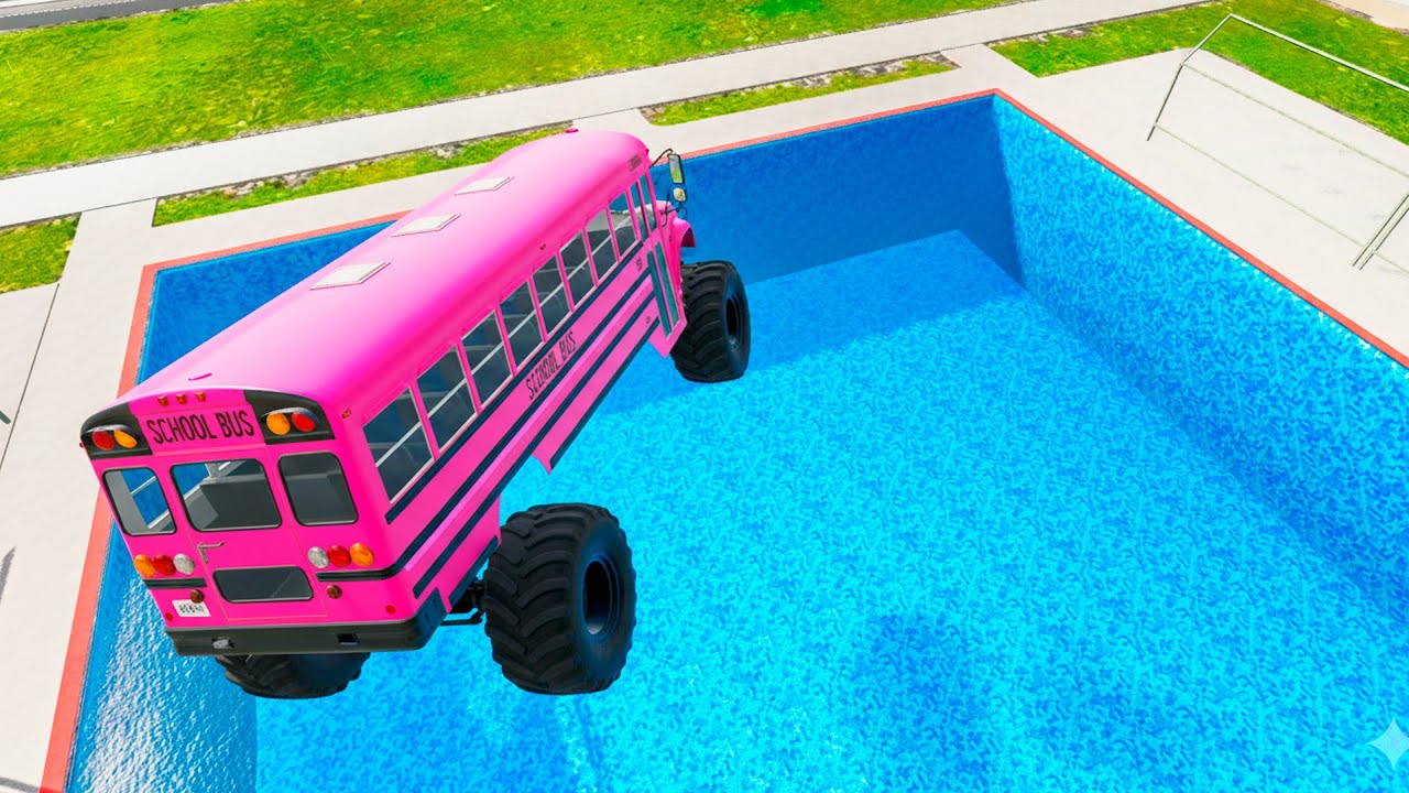 BeamNG Drive: School Bus Down In Swimming Pools – Extreme Bus Crash Challenge in BMG