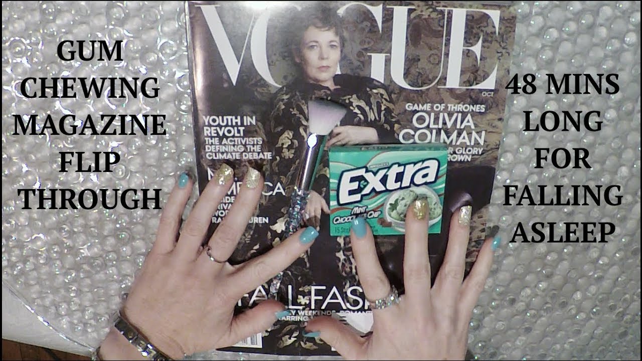 ASMR Gum Chewing Magazine Flip Through. Fall Asleep in 48 Mins. Whisper, Brush, Tracing