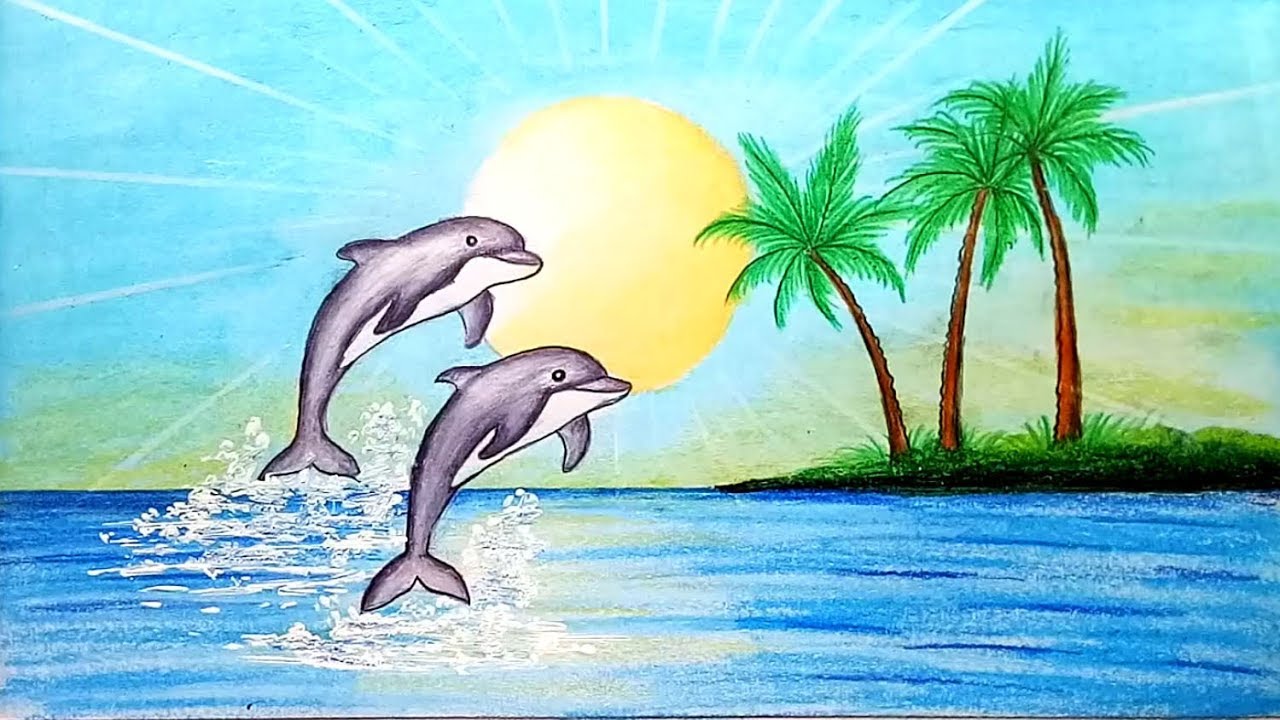 How to draw scenery of Dolphin in beach.Step by step(easy draw)