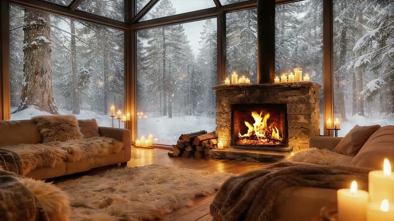 12 Hours of Soft Piano & Jazz by the Fireplace ❄️ Cozy Snow Cabin Ambience (4K)
