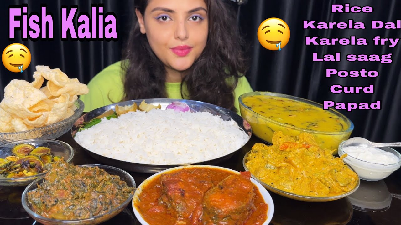 Eating Rice, Fish Kalia, Karela Dal, Lal Saag, Posto, Curd, Papad| Big Bites | Mukbang Show 