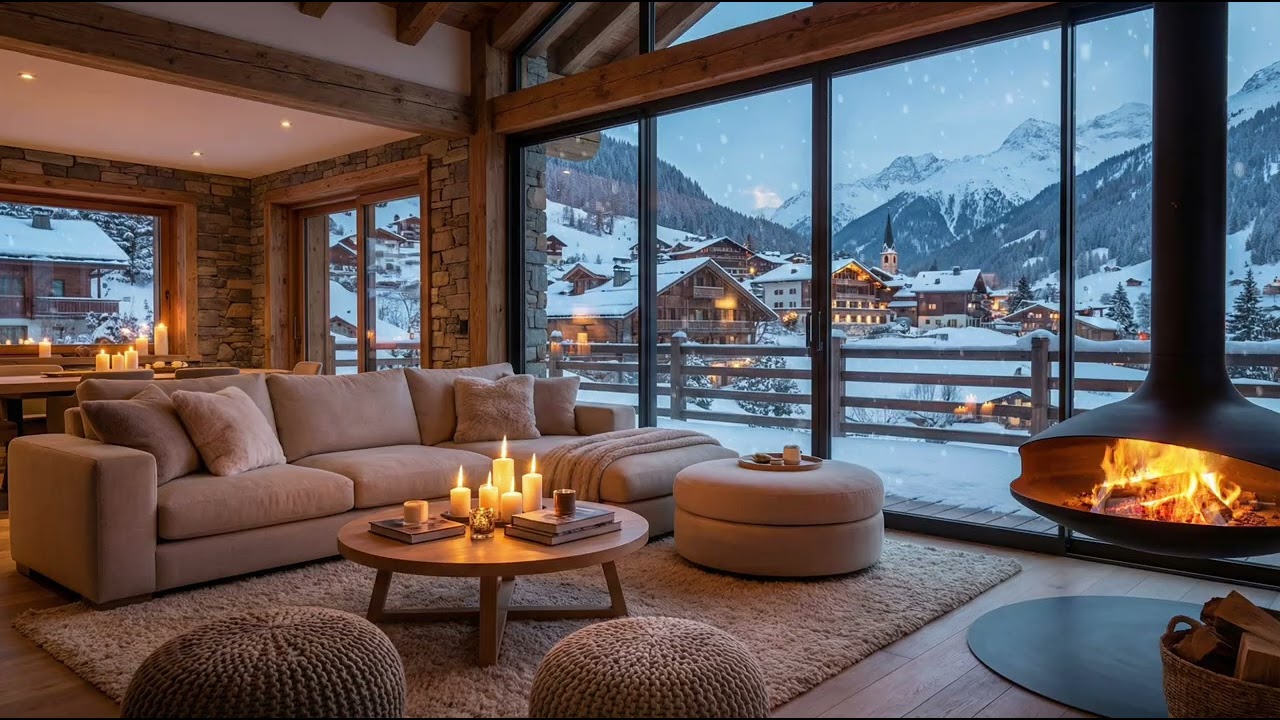 Alpine Village Winter Ambience ❄️ 🔥 | Fireplace, Snowy Mountain View & Calm Evening 🌙