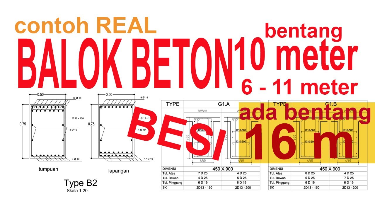 Lengkap ! Pembesian Balok Gantung Beton Bentang 10-6-8-11-16 meter
