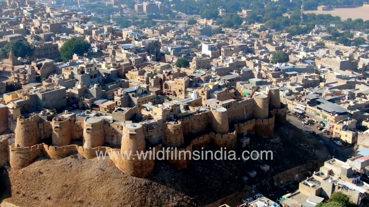 Aerial view of Jaisalmer town with fortifications now enclosing constructed homes in modern garb