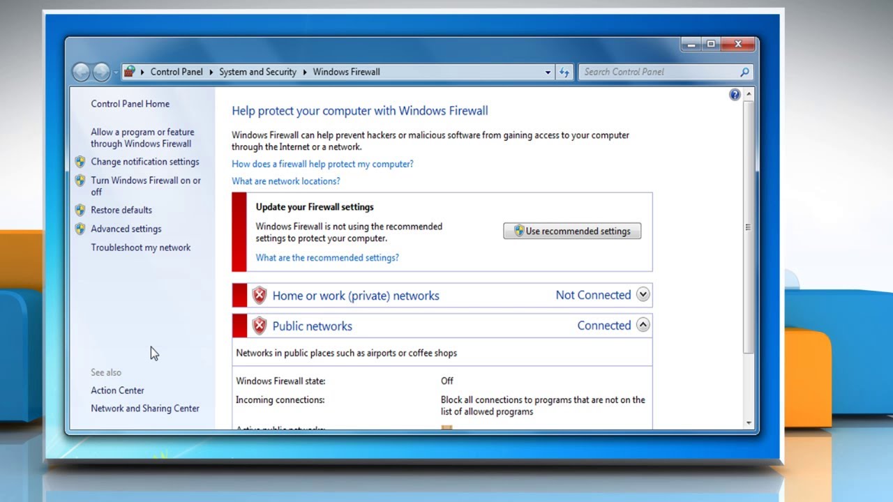 Configure Windows Firewall settings on a Windows&reg; 7 PC