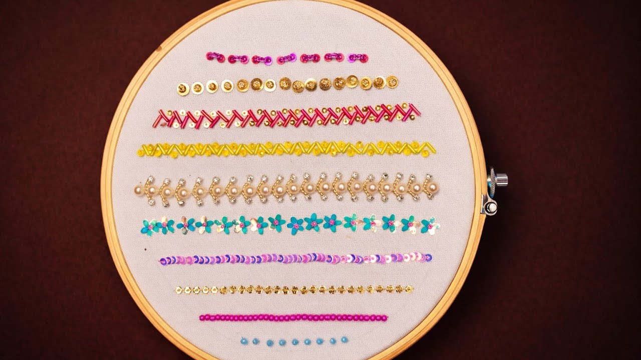 10 Easy Hand Embroidery Border Designs | Sequin & Beads Work in Hoop