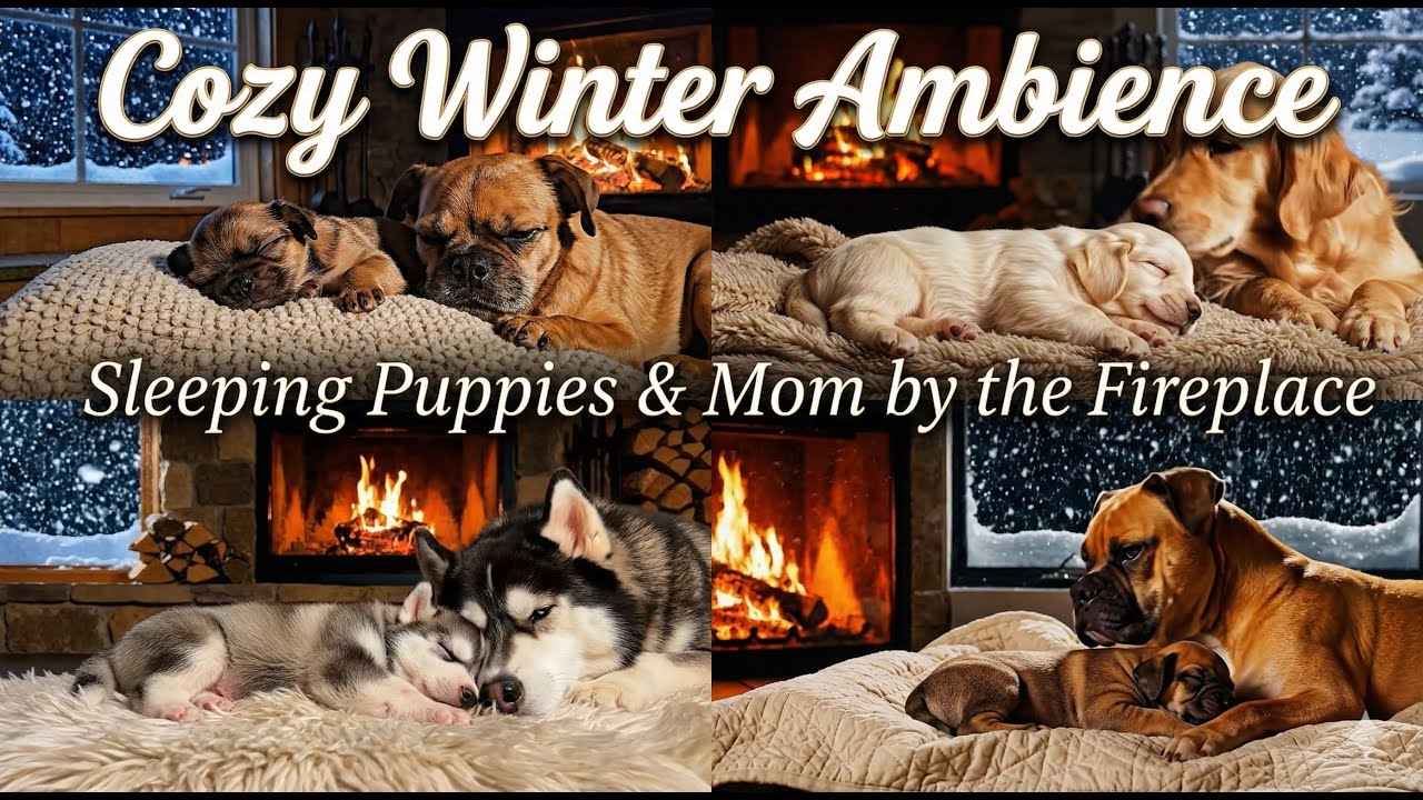 Cozy Winter Ambience: Sleeping Puppies & Mom by the Fireplace ❄️ Crackling Fire Sounds for Sleep
