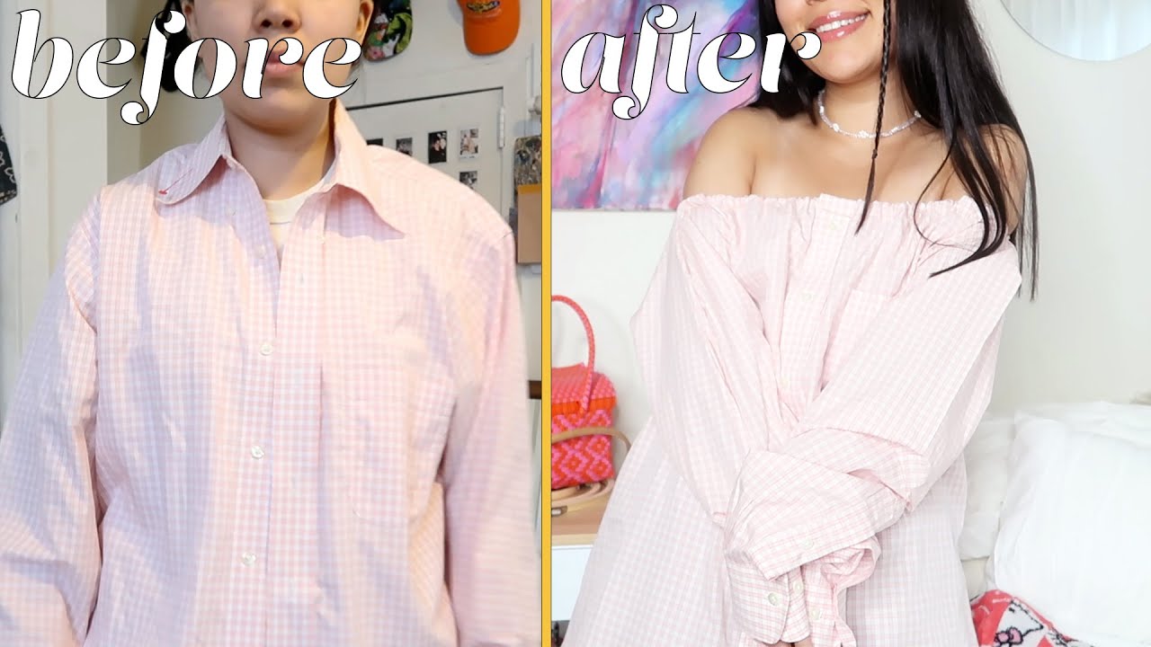 off the shoulder dress refashion from a mens shirt tutorial | upcycle with me