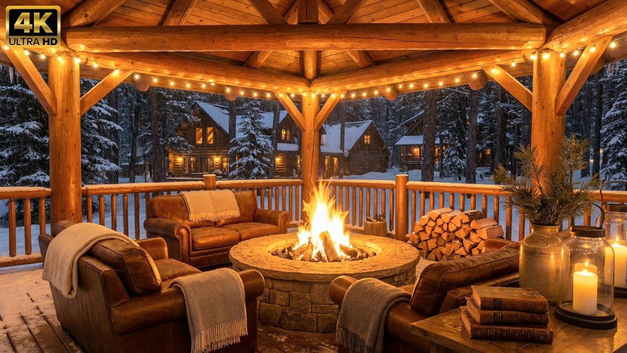 Warm Cozy Cabin Ambience & Snow Outside ❄️ Relaxing Jazz and 4k Fireplace 🔥 For Relax