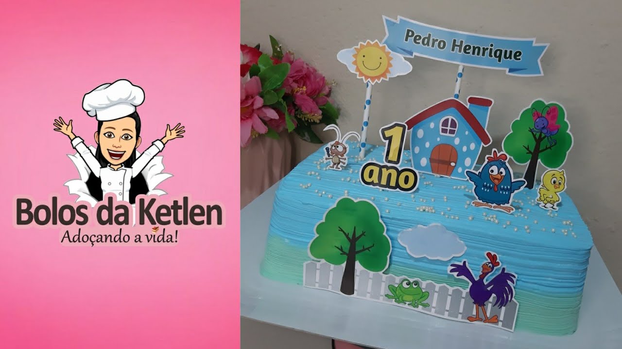 Bolo galinha pintadinha | Menino | 1 ano | 2 kg | 25 fatias | Retangular | Chantilly | Sensação.
