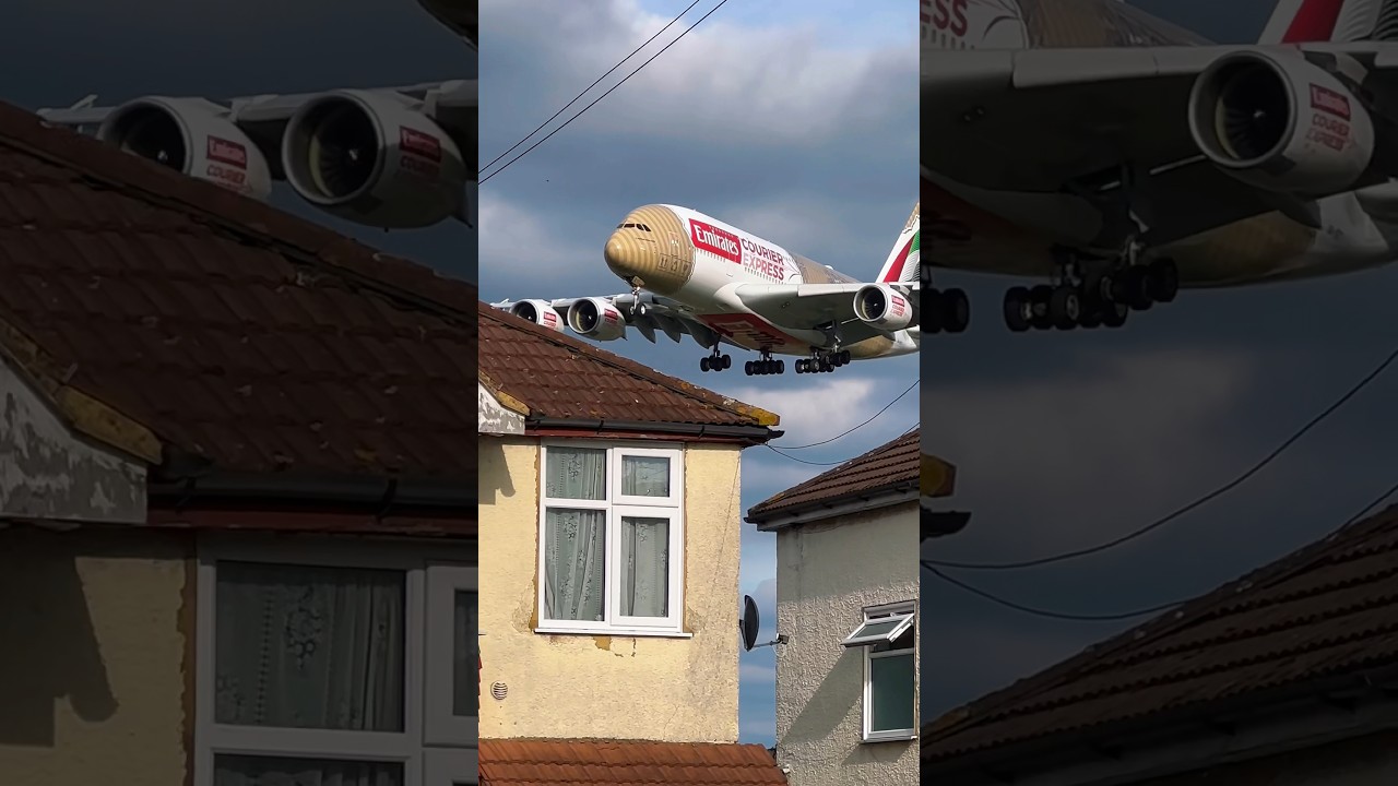 Giant A380 Glides just feet above the Rooftops! 😱✈️ #emirates #airbus #aviation