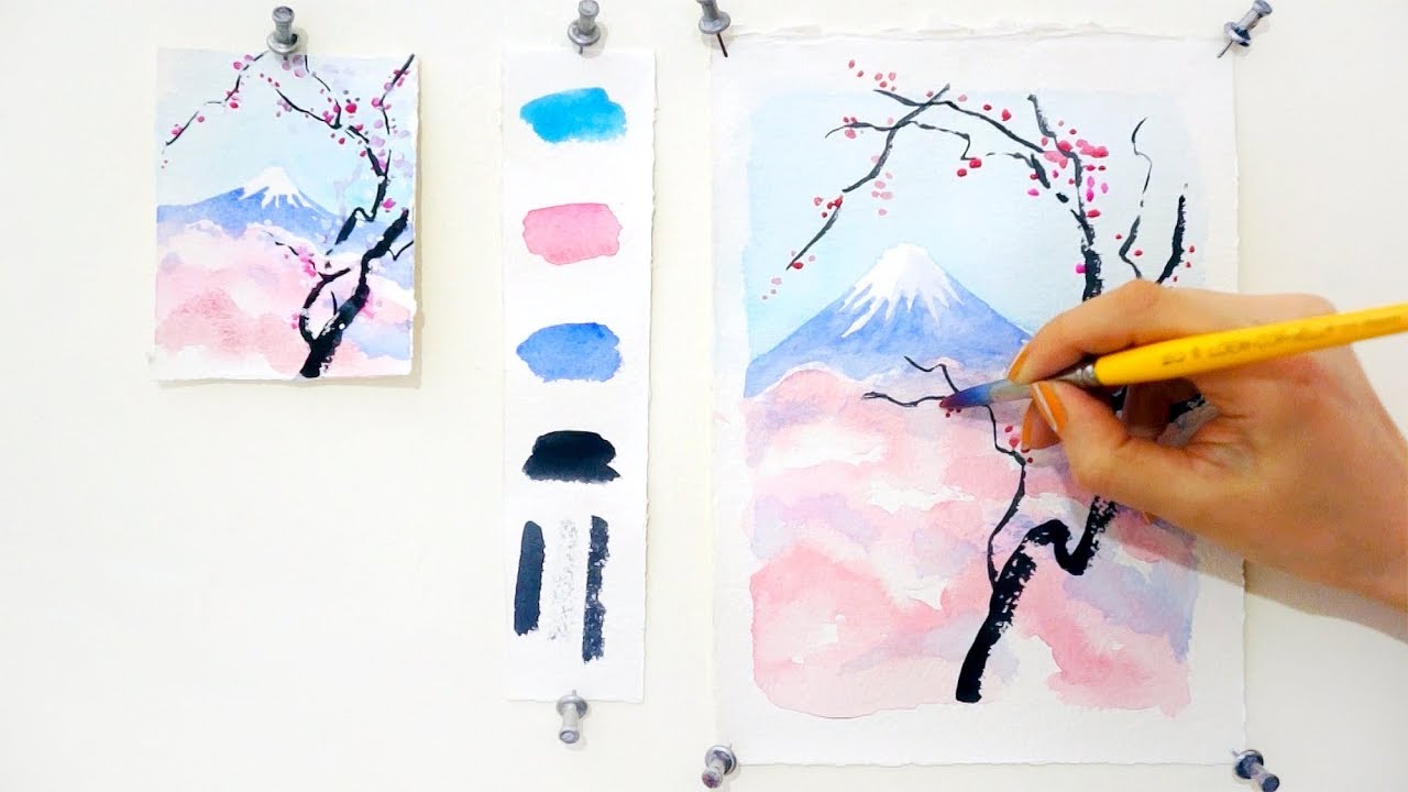 Cherry Blossom and Mount Fuji.  Step by step watercolor tutorial
