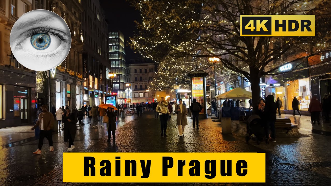Rainy Prague, Walking in the rain 4k HDR - Na prikope street, Municipal House, Czech Republic 2022