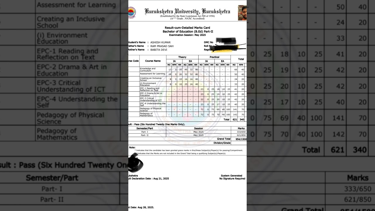 #kuk b.ed result. passed