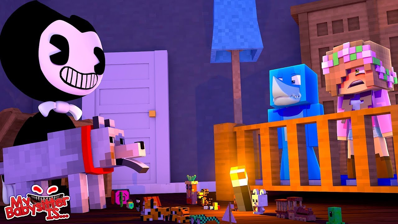 MY BABYSITTER IS.... BENDY AND BORIS THE WOLF !!! Minecraft w/ Sharky and Little Kelly