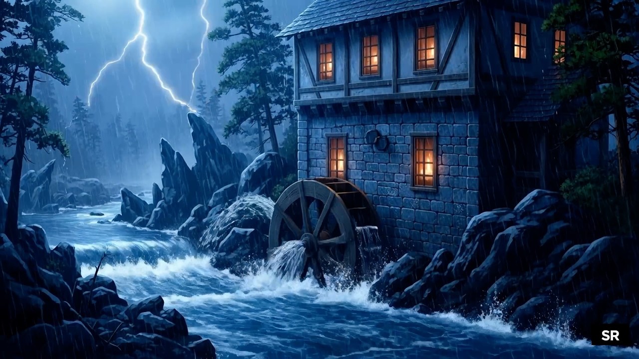 10 Hours Heavy Rain & Thunderstorm at the Old Watermill - Deep Sleep, Study, Relax.