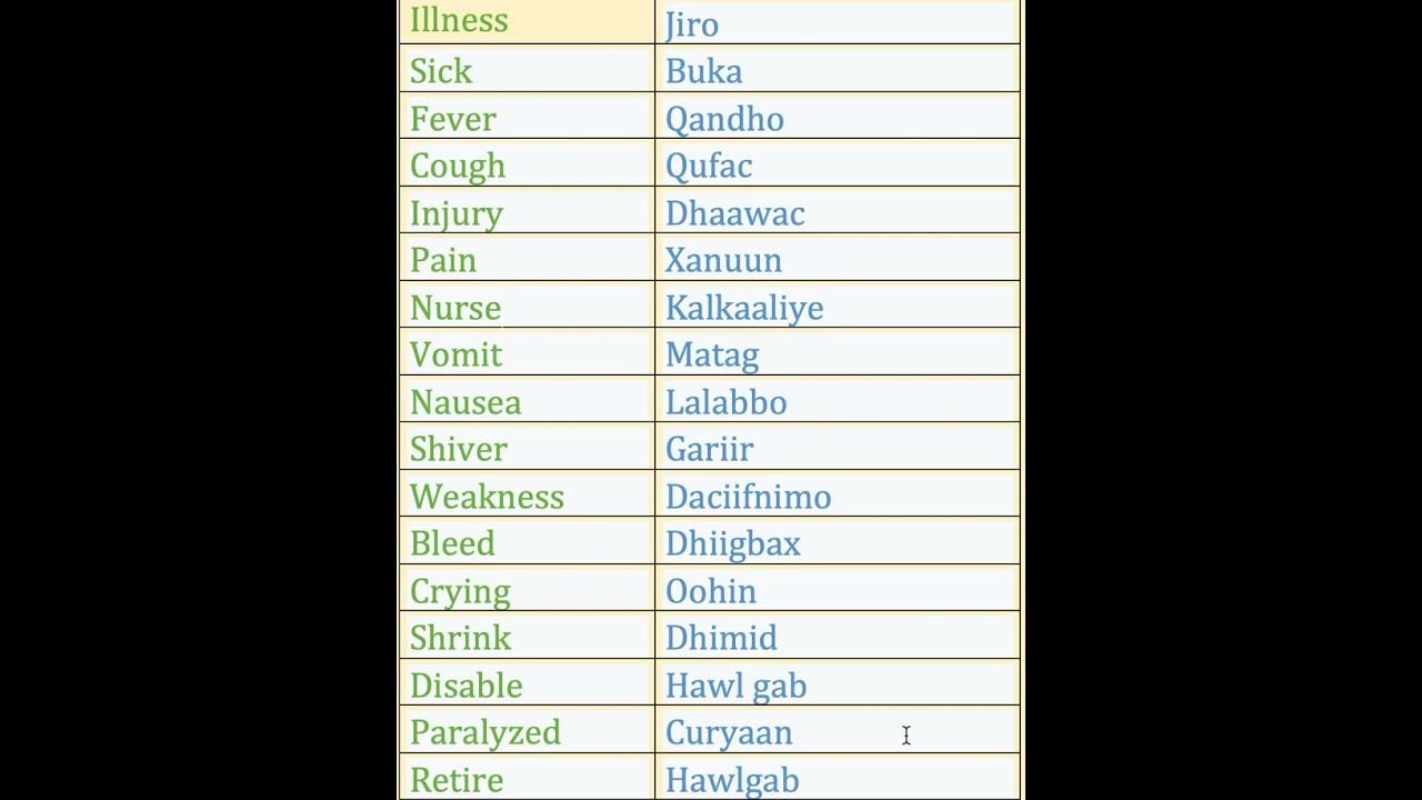 ENGLISH VOCABULARY TRANSLATED TO AFSOMALI