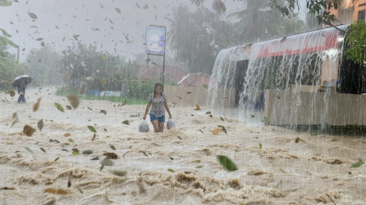 СТРАШНЫЙ ! !🌧️⚡Сильный дождь и гром в сельской Индонезии вызвали наводнение 🌧️⚡ Успокаивающие звук
