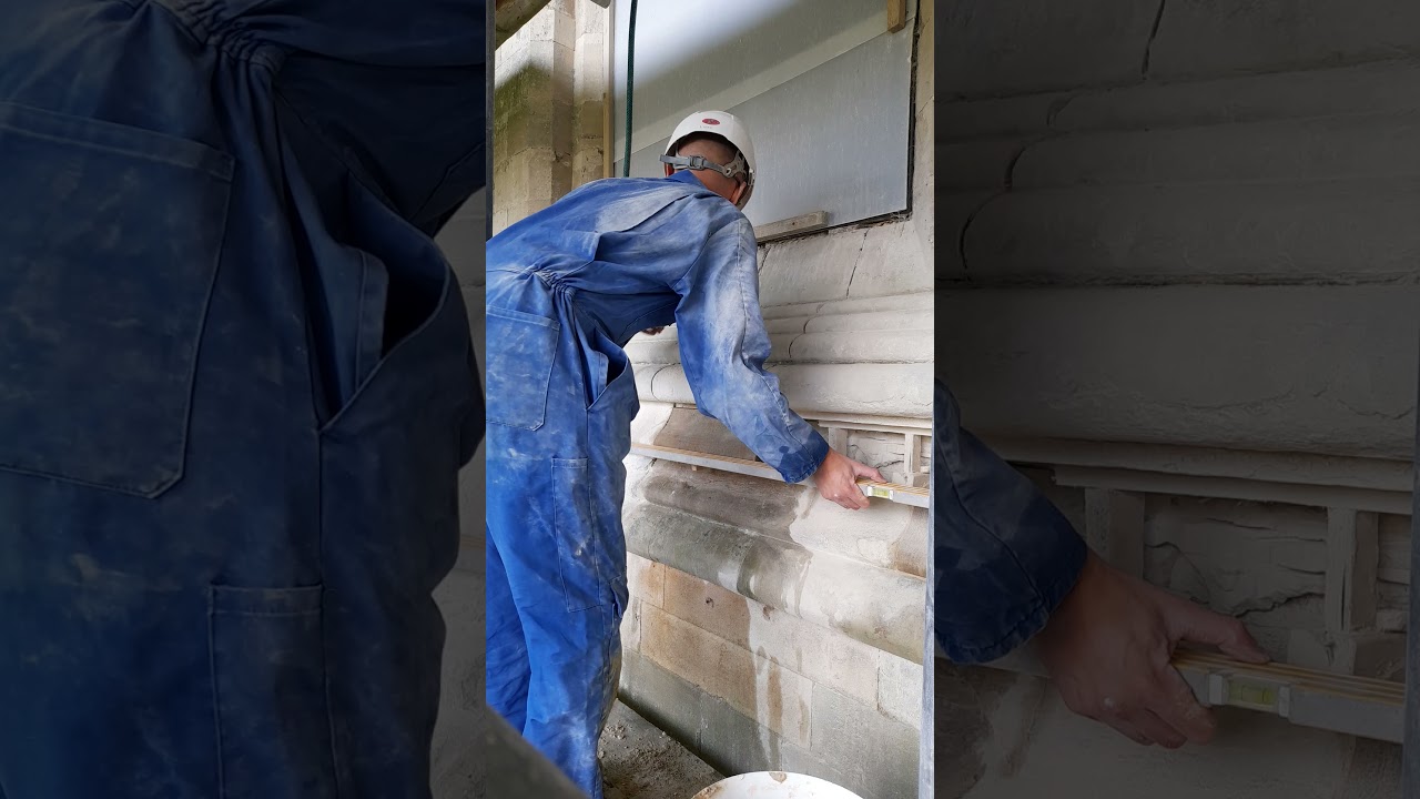 Stonemasonry, fixing a plinth stone indent.