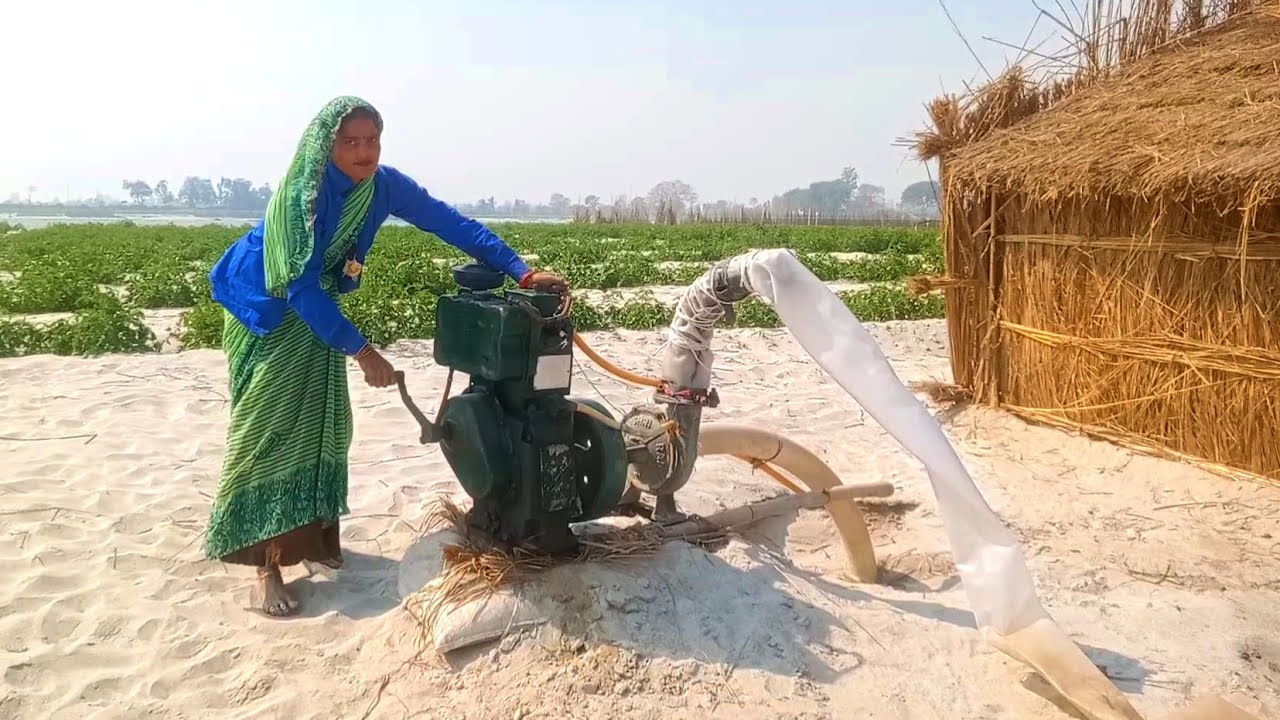 गांव की महिला किसान ने 4 इंच प्लास्टिक पाइप द्वारा किर्लोस्कर डीजल इंजन पंप स्टार्ट करके की सिंचाई