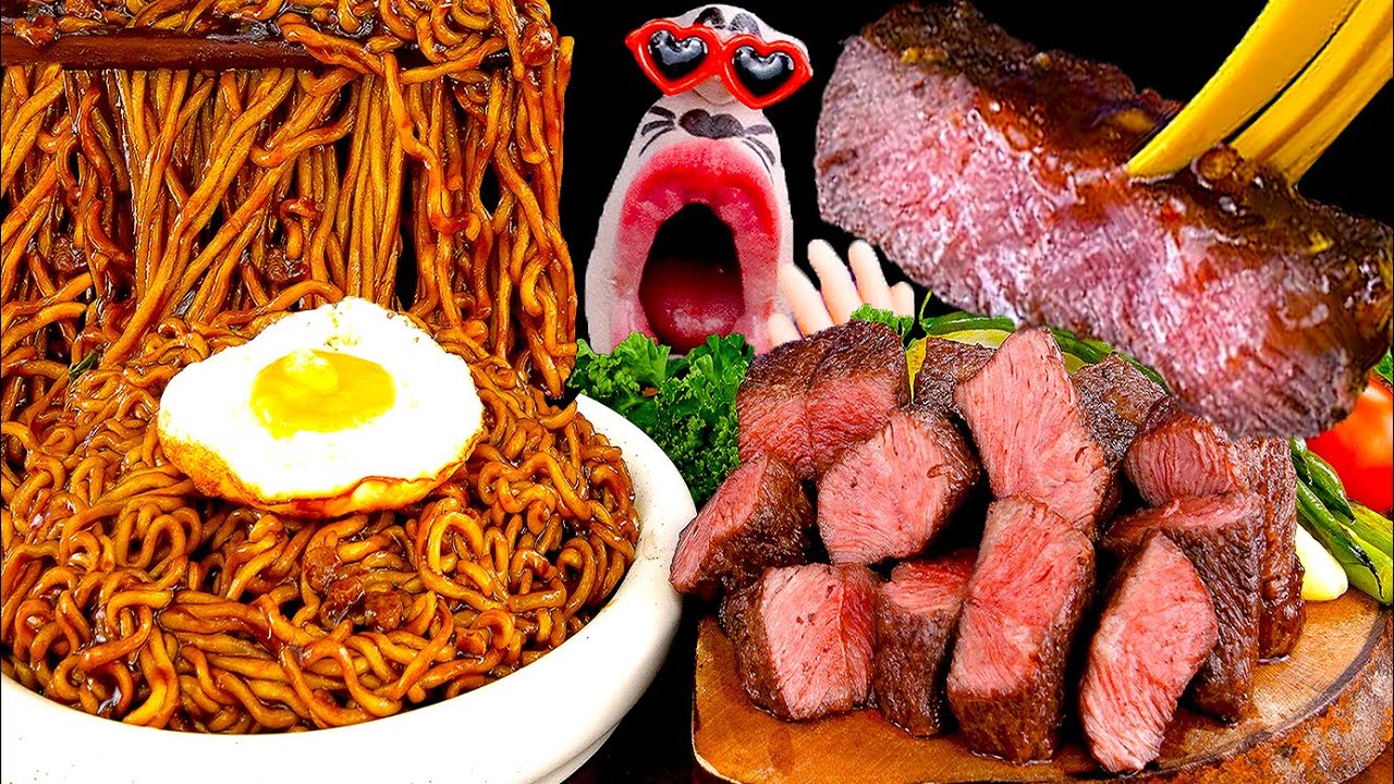 Толстый стейк из говядины, лапша из черной фасоли! | ASMR MUKBANG из REALMOUTH