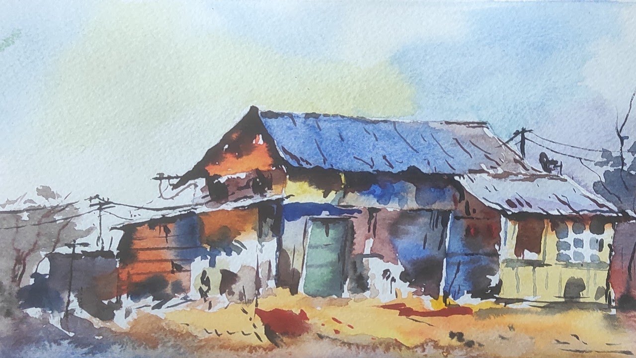 How to paint watercolour landscape for beginners | How to paint village scenery | Village Landscape