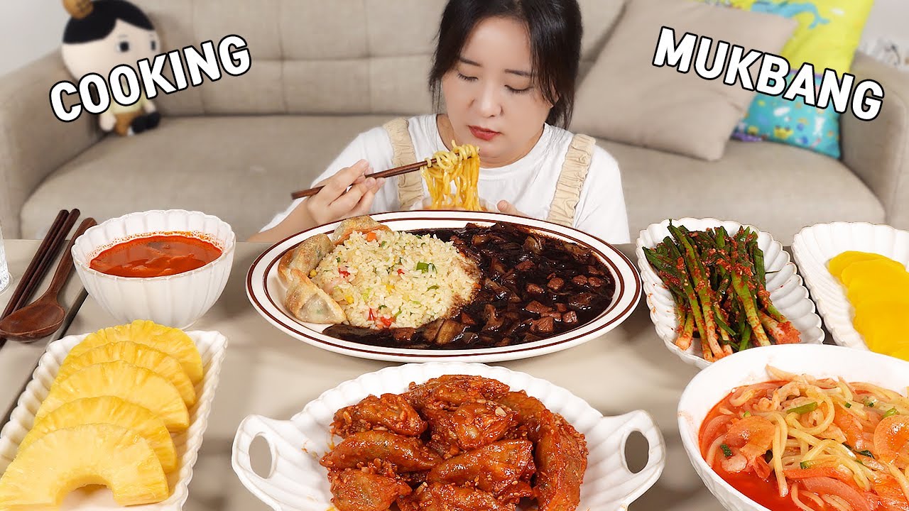 готовим мукбанг :) жареный рис jjajjang, кимчи с зеленым луком, jjambbong.
