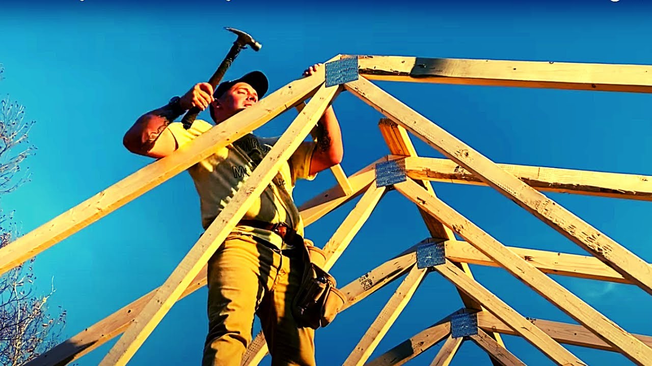 NO EQUIPMENT NEEDED! Putting Roof Trusses On Our 24x24 Garage