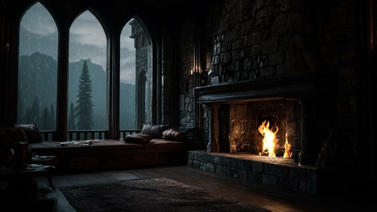 Medieval Castle Rain Ambience 🌧️⚡🔥 | Thunderstorm, Crackling Fire & Deep Sleep Sounds