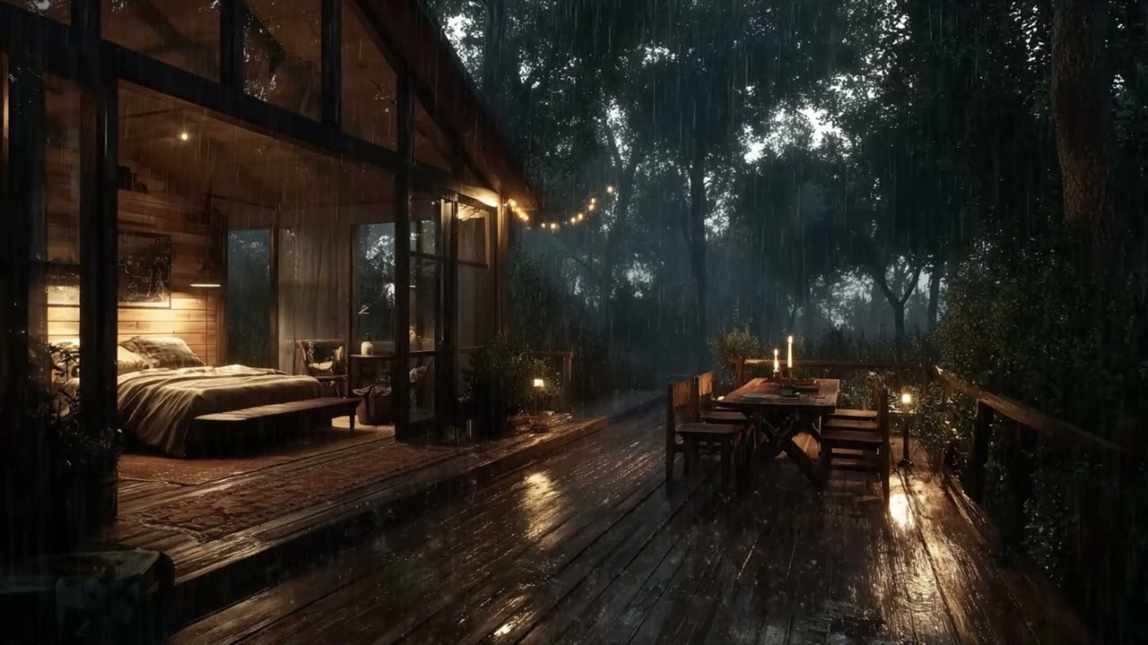 Relaxing Rain Sounds in Cozy Pine Forest Cabin 🌧️ Warm Lamp & Books for Deep Sleep and Reading Time