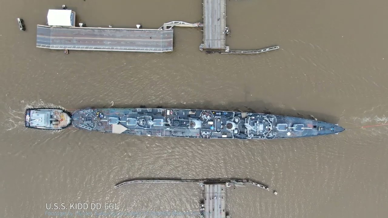USS KIDD Ascending the Houma Navigation Canal (Drone POV) - Journey to Drydock Day Three