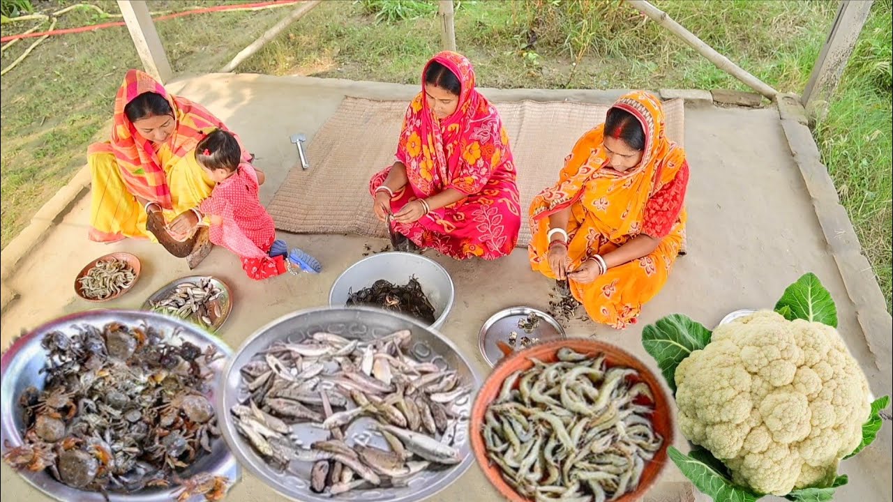 ফুলকপি চিংড়ি, পাঁচমিশালি মাছের ভর্তা আর ছোট কাঁকড়ার ঝাল রান্না করে সবাই জমিয়ে খাওয়া দাওয়া 
