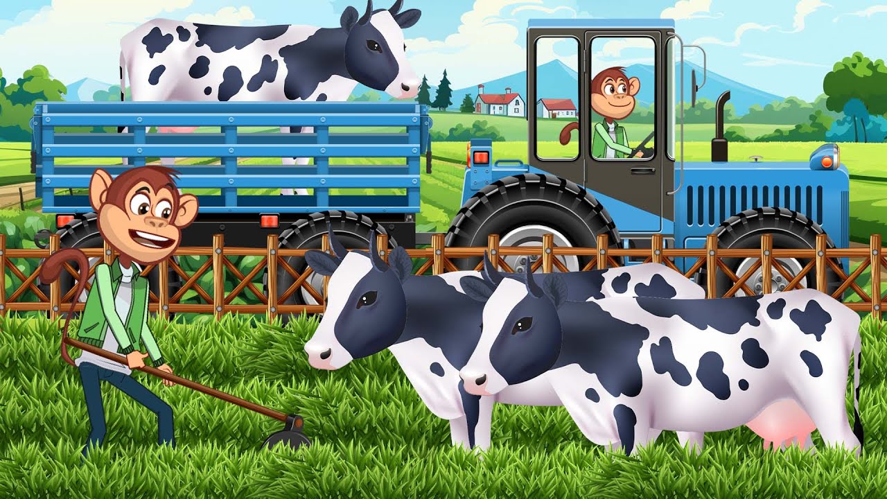 🚜 The Monkey Farm - Transport of the Big Yellow Excavator to Repair Roads | Vehicles Farm