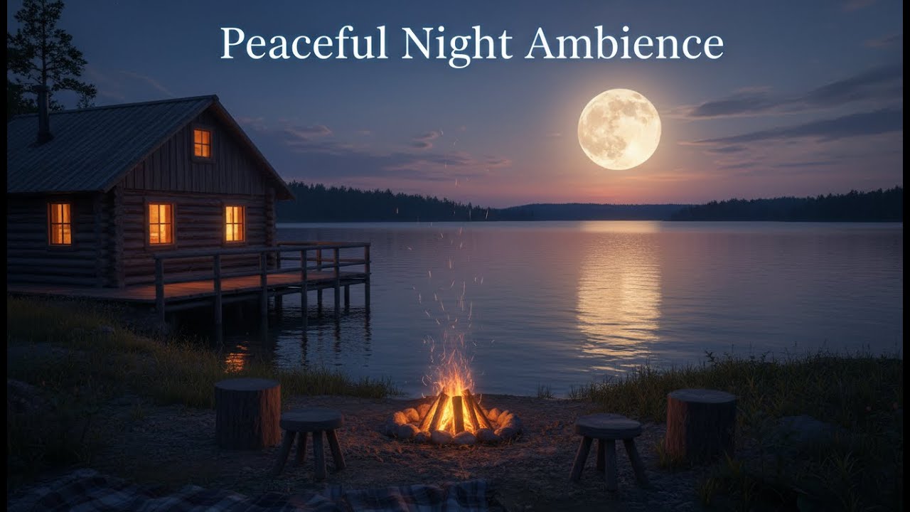 Relax to Nature | Peaceful Lake Night with Cozy Cabin & Campfire Ambience 4K