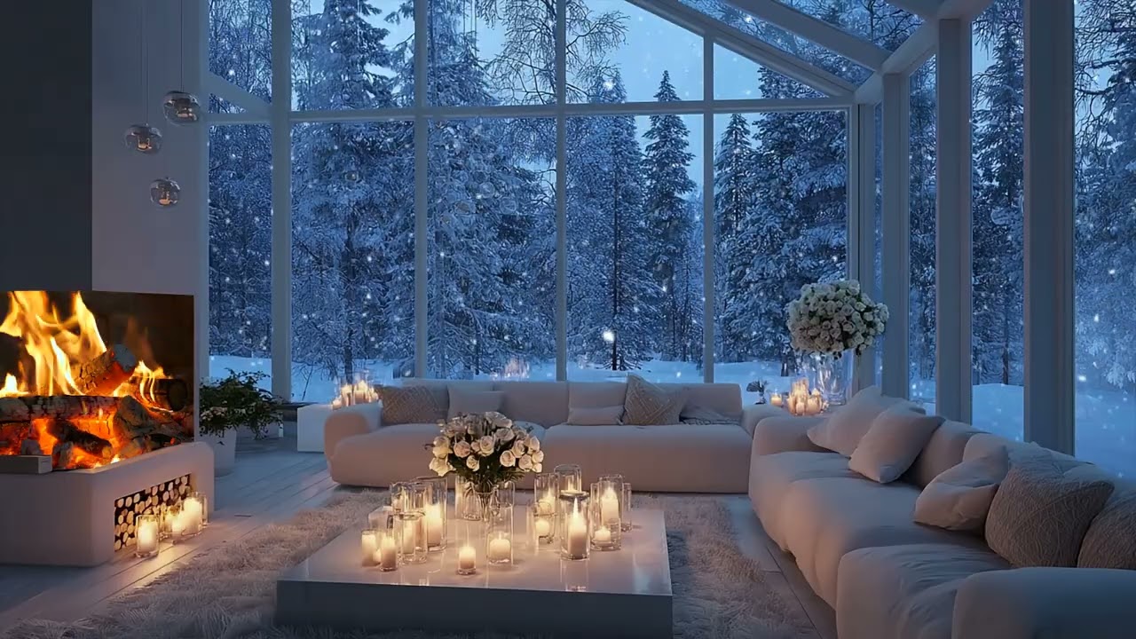Winter Piano Lounge ❄️ Snowfall Outside & Cozy Fireplace for Deep Relaxation and Stress Relief