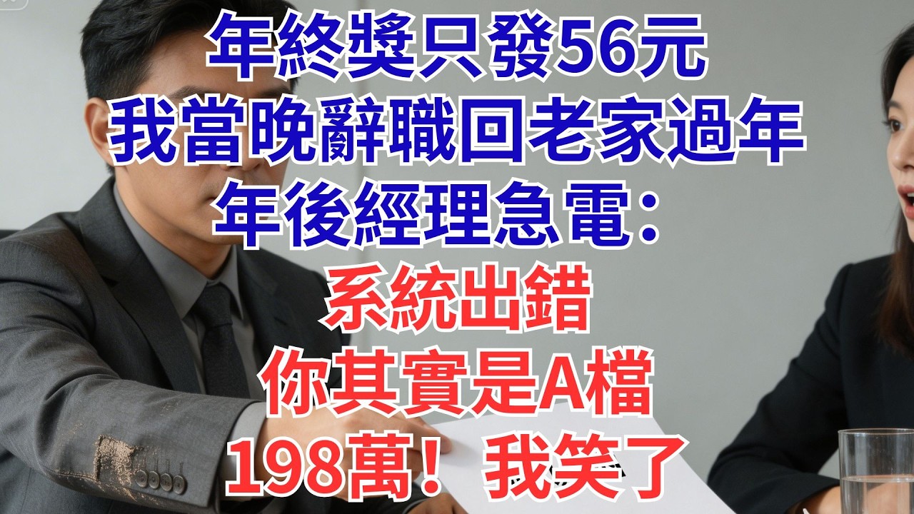 56元想打發我？我沒吵沒鬧，轉身離職過年！開工第一天，經理崩潰打來：「你年終是A檔198萬！」我淡淡一句話，他整個人傻住…#為人處世#生活經驗#職場#爽文